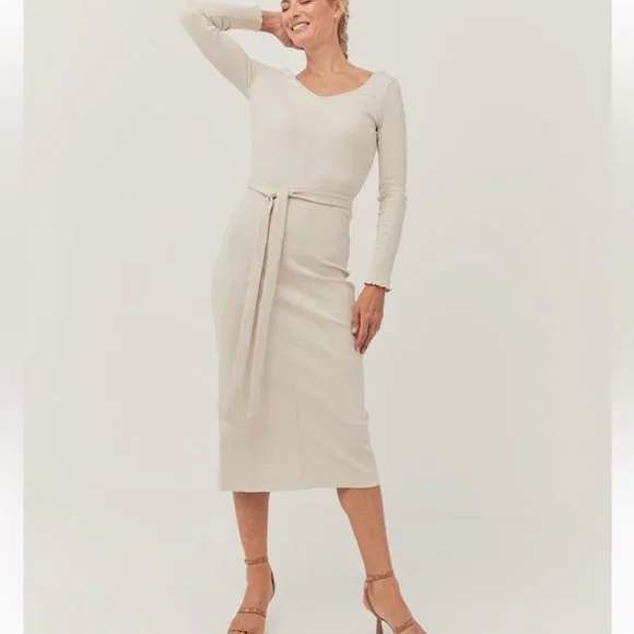 NWT Pact organic ivory cream Jazz stretch rib knit midi dress - Picture 3 of 7